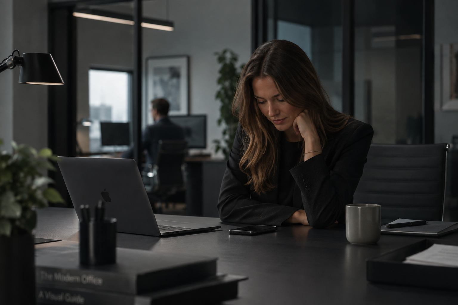 Person som arbeider på laptop i mørkt kontor